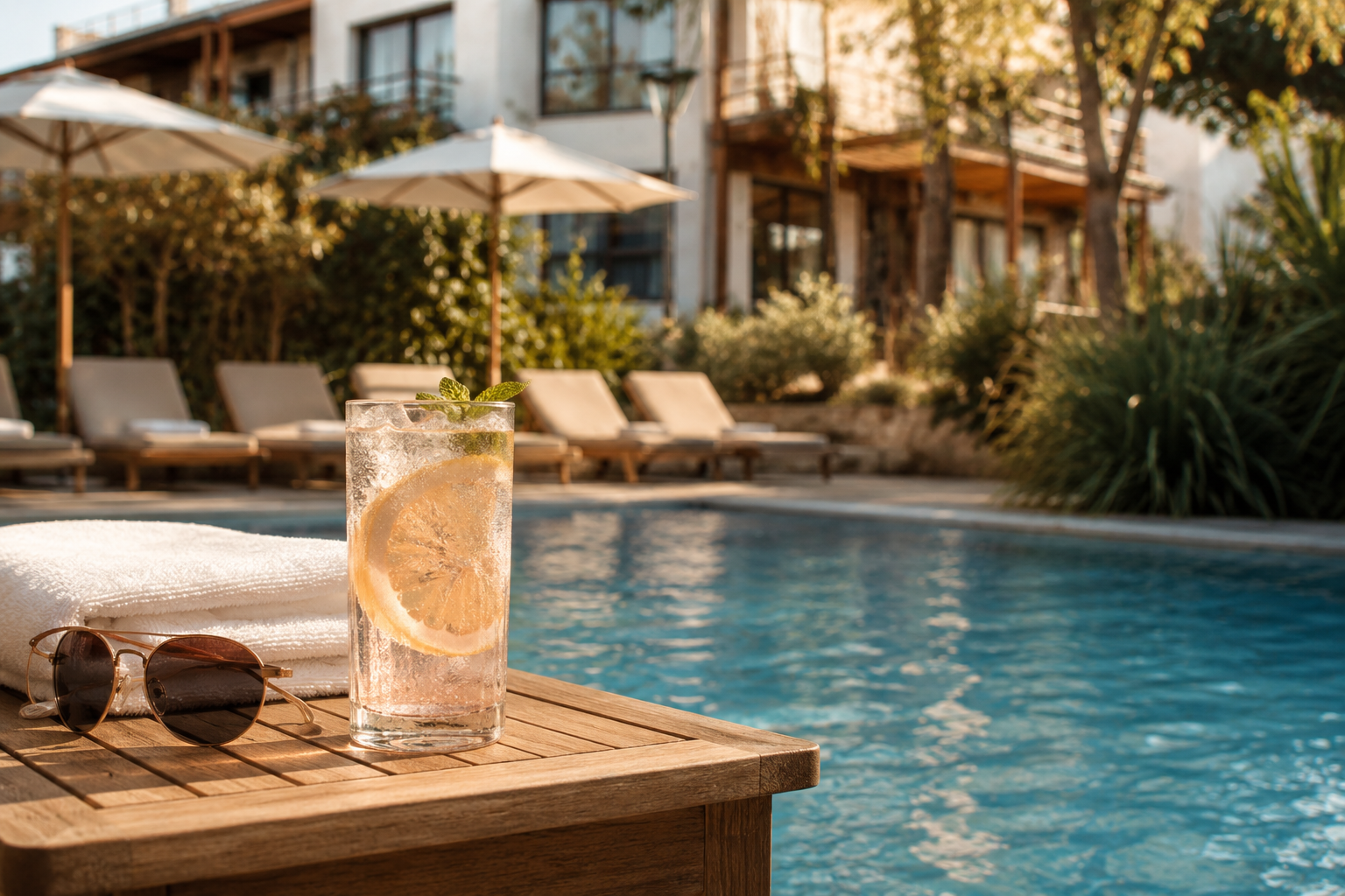 Trago junto a la piscina